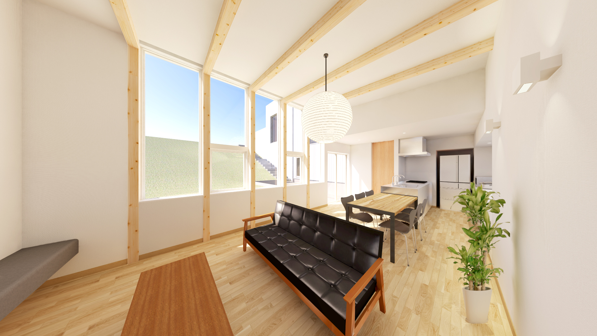 新潟市西区青山オープンハウス、下層のLDKからは上層へとあがる庭の景色を見ることができる。