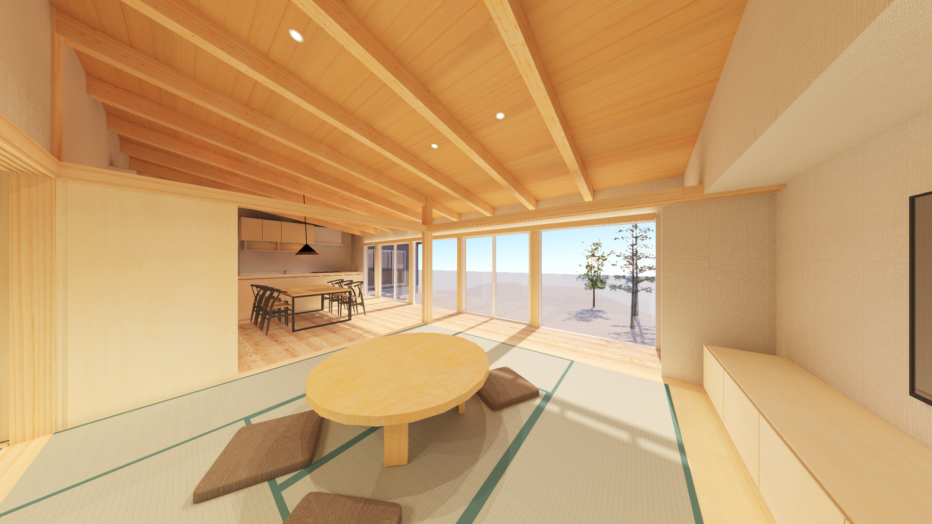 燕市小池オープンハウス、ほぼ平屋の3世帯住居。ダイナミックな構造と木の温かみが現れた居間。