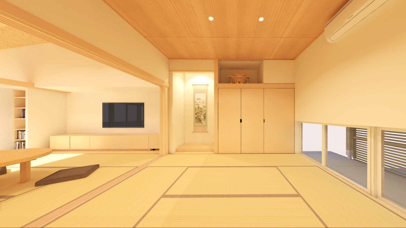 燕市小池オープンハウス、ほぼ平屋の3世帯住居。居間と仏間を八畳二間続きの空間としました。