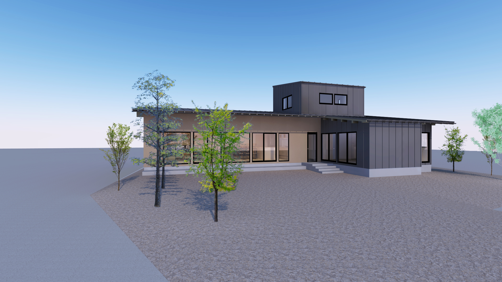 燕市小池オープンハウス、ほぼ平屋の3世帯住居。主庭をL型に囲むように居間と寝室を配置。